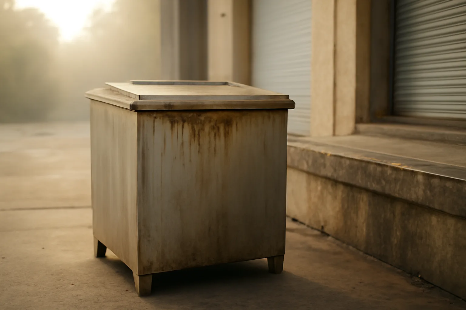 Used cooking oil collection bin outside an Alabama restaurant loading dock