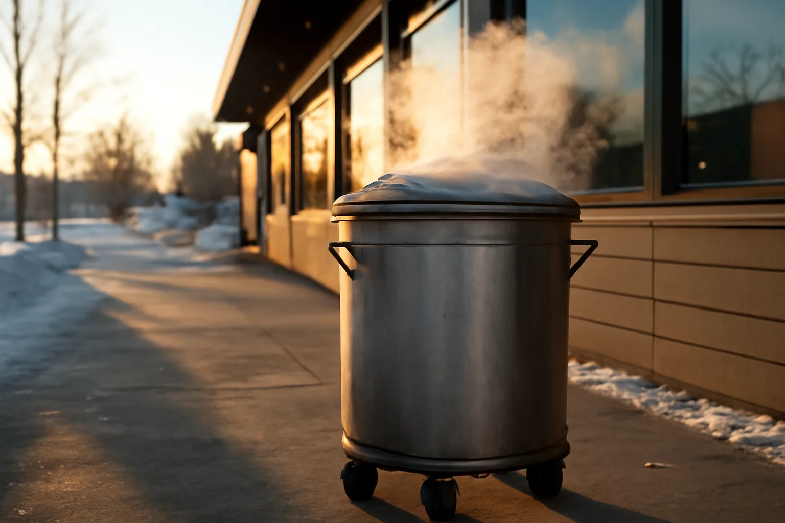 Stainless steel tote of used cooking oil outside an Anchorage restaurant in winter