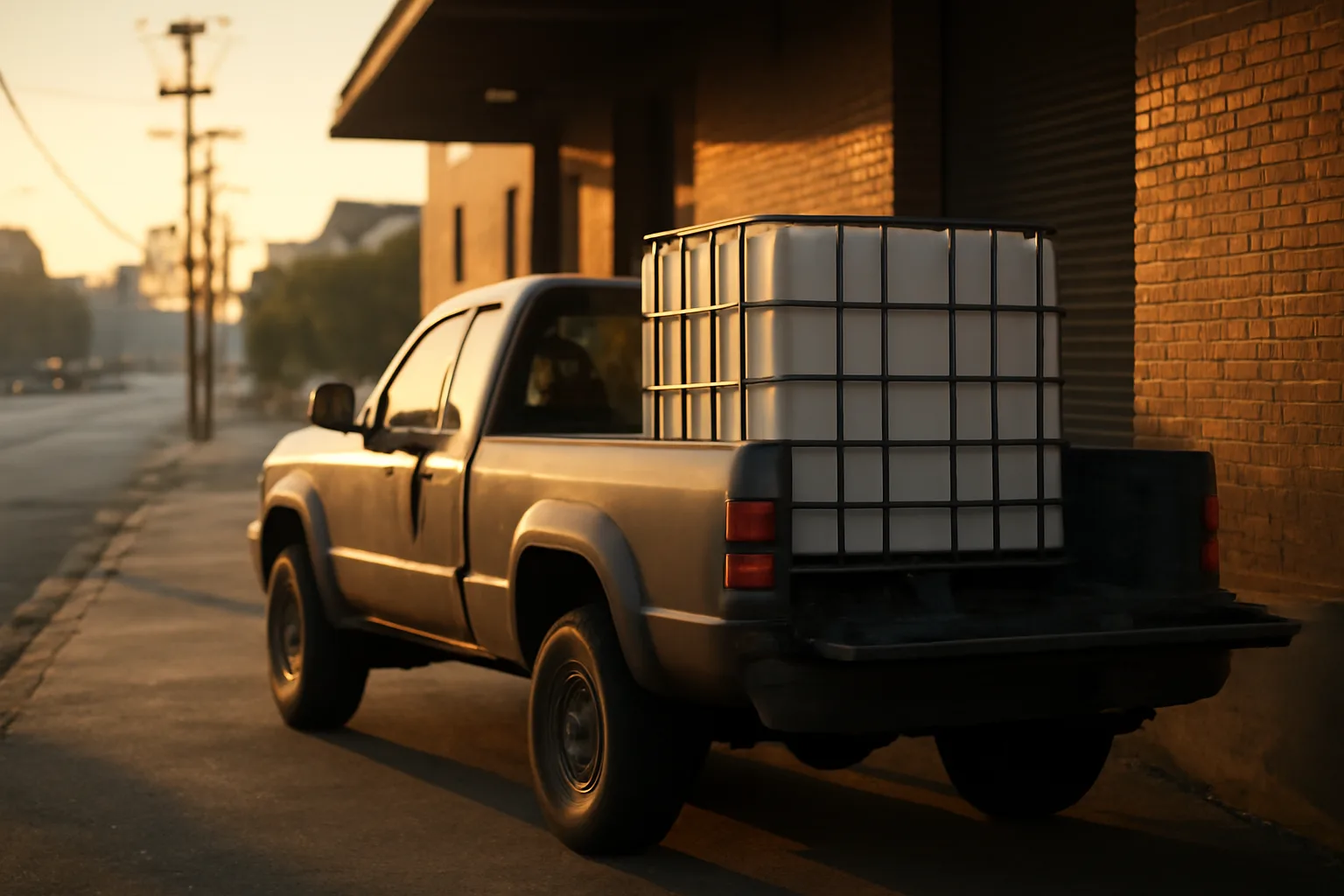 Diesel pickup truck with IBC tote at restaurant loading dock for yellow grease collection
