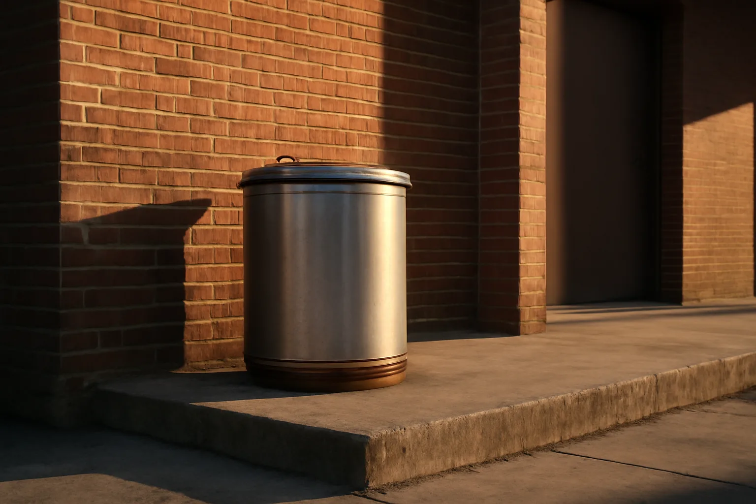 Yellow grease collection drum behind a Texas commercial kitchen at dusk