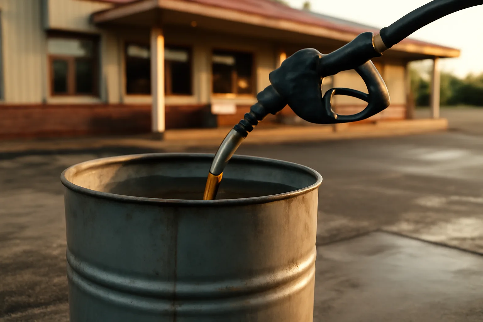 Pump nozzle pulling yellow grease from a locked steel drum behind a restaurant in Alabama