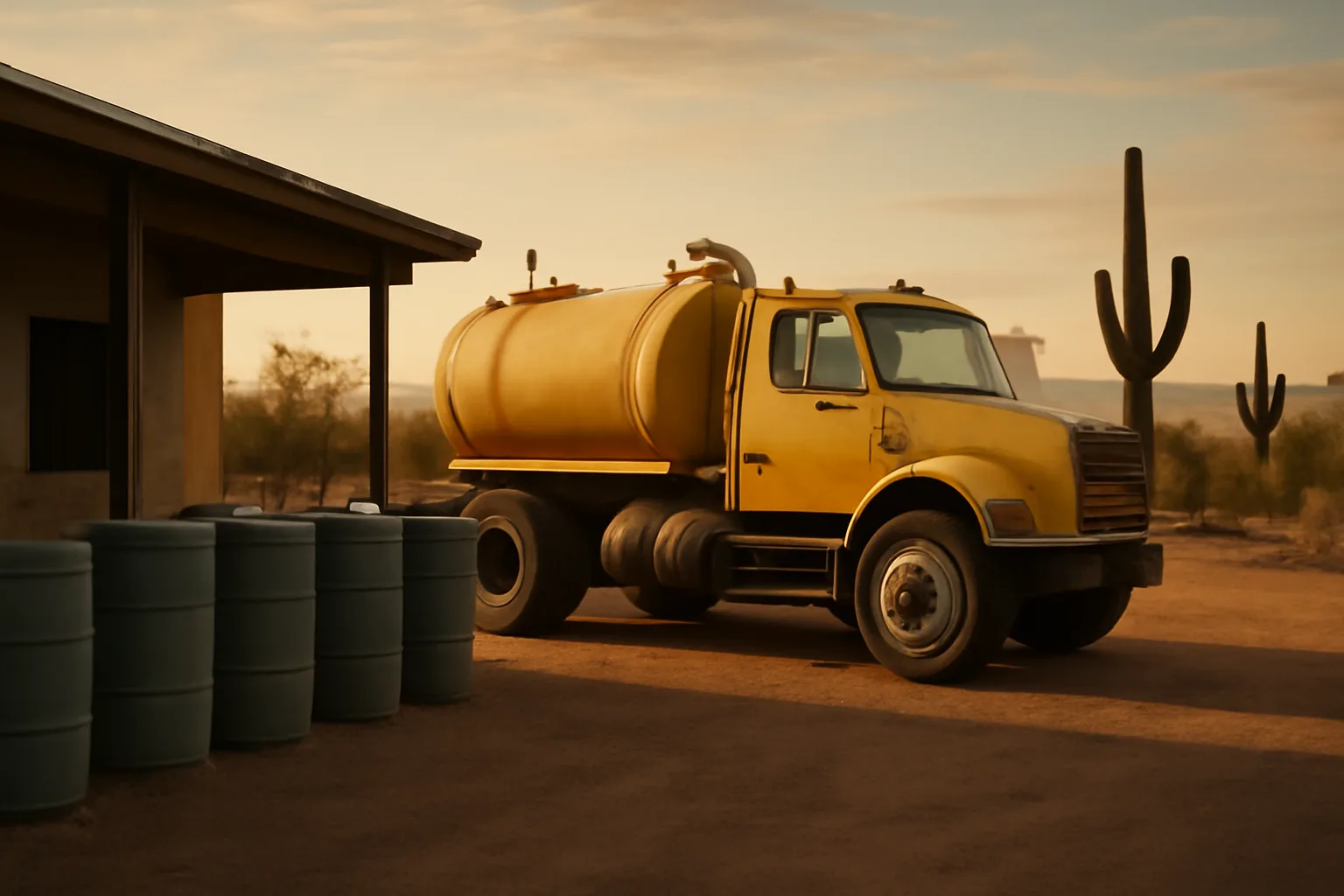 Yellow grease collection truck at an Arizona restaurant with desert background.