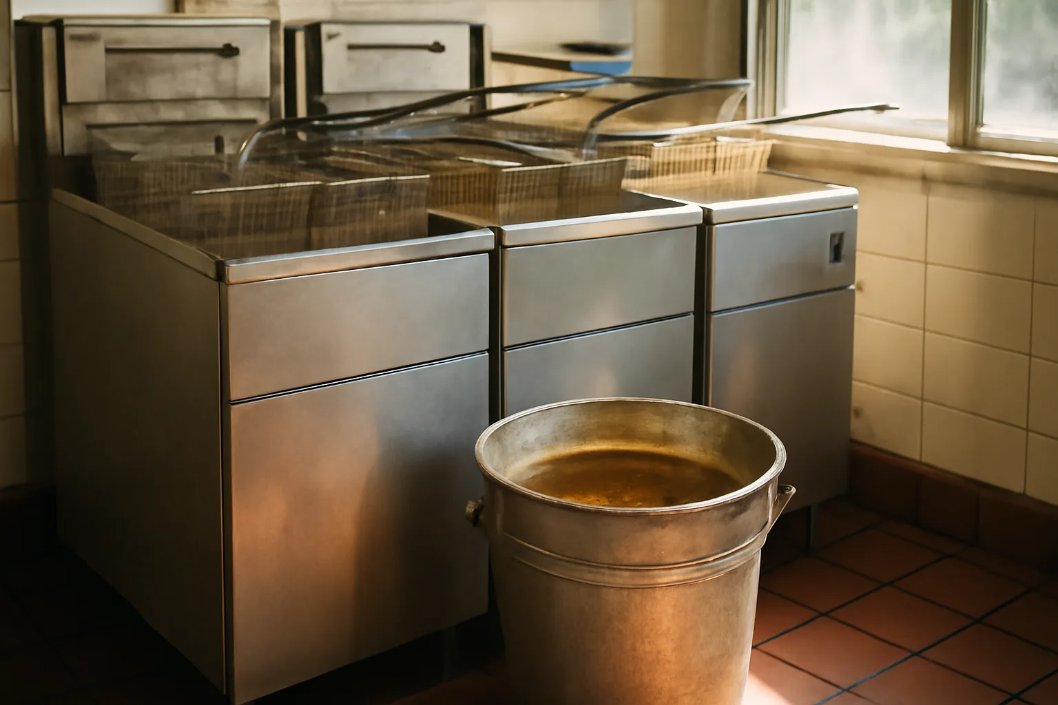 Used cooking oil bucket near a commercial fryer in a diner kitchen