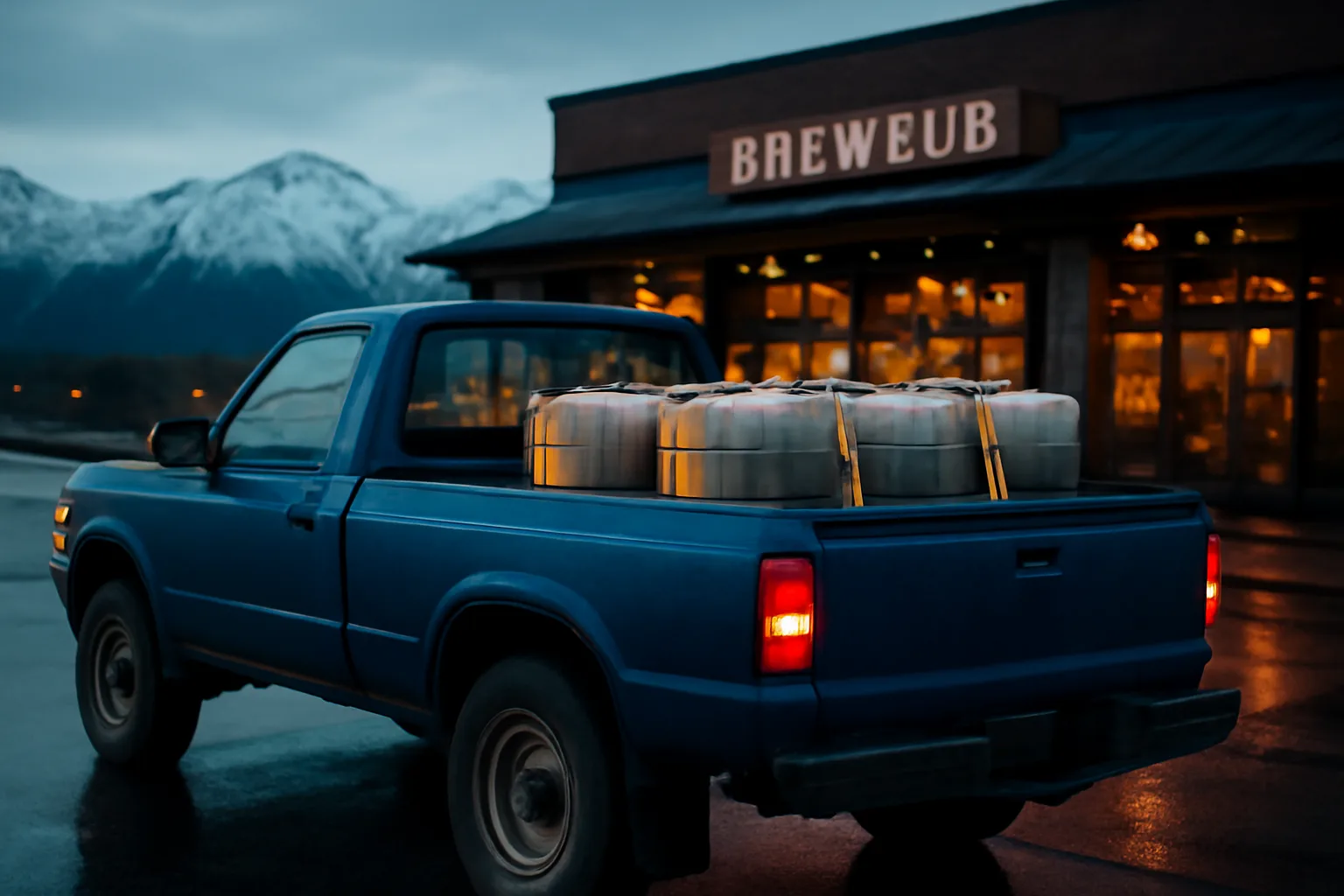 pickup truck loaded with yellow grease totes behind an Anchorage restaurant in winter dusk