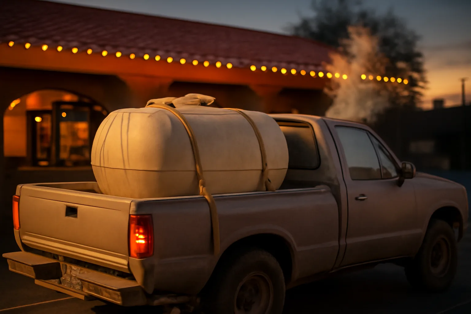 Pickup truck with grease collection tank behind a Phoenix restaurant at dusk.