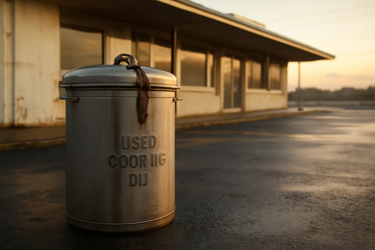 Locked used cooking oil bin outside an Arkansas diner at dawn