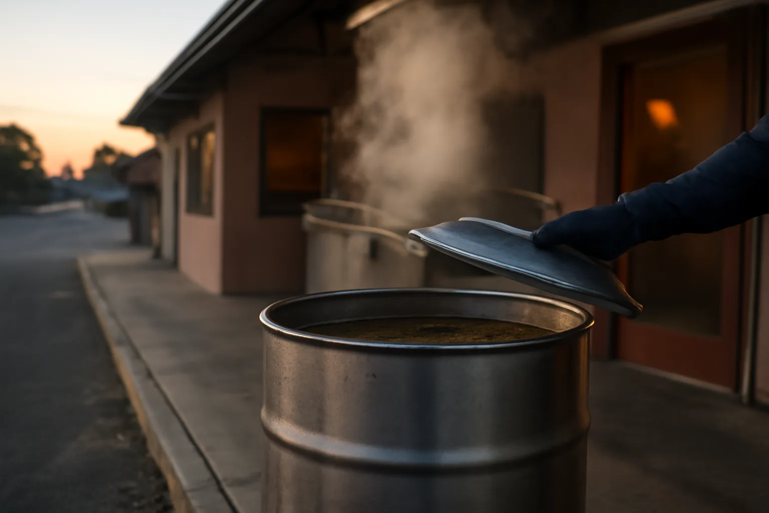 worker opens a used cooking oil barrel behind a California restaurant at dawn