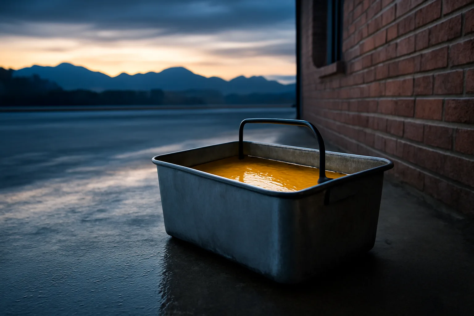 Steel tote of used cooking oil behind a Denver kitchen at sunrise