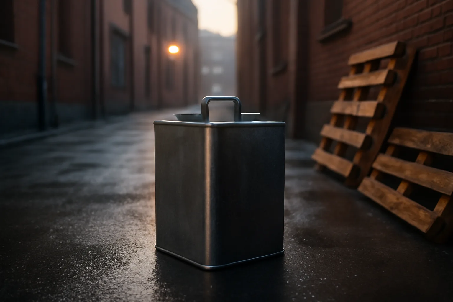 Steel cooking oil tote in a Connecticut restaurant alley at dawn