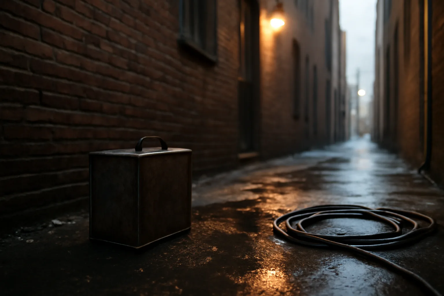 Steel tote in a wet Wilmington alley for yellow grease work