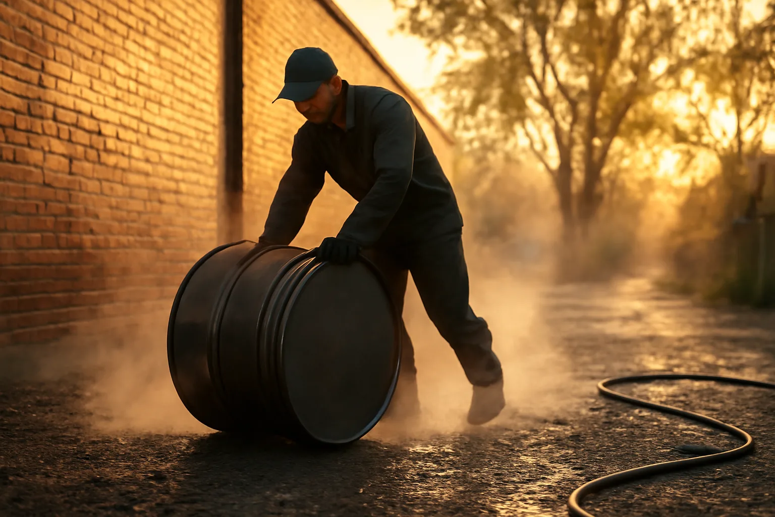 Yellow grease drum and worker behind a Boise kitchen at sunrise