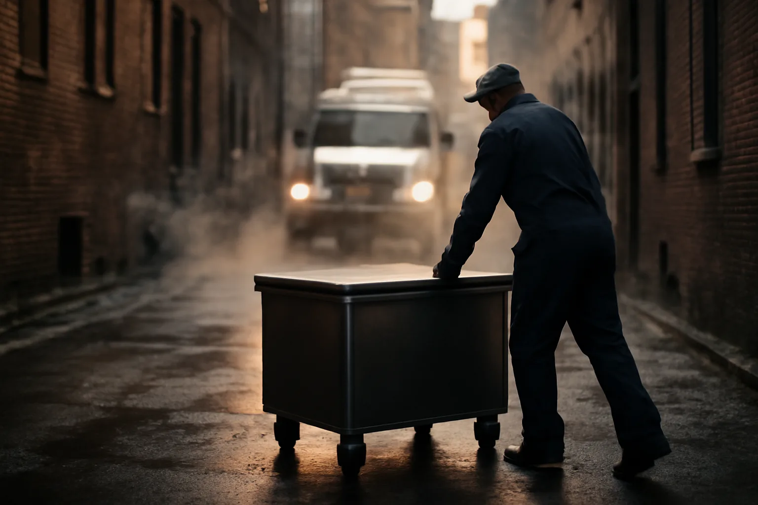 Sealed yellow grease tote in a wet Chicago alley at dawn