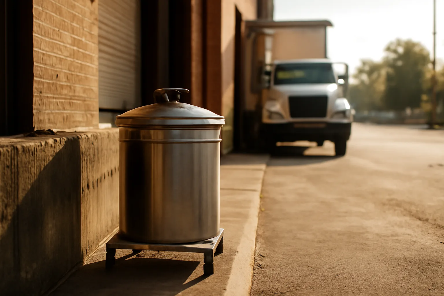 Yellow grease collection bin outside a restaurant loading dock in Nashville Tennessee