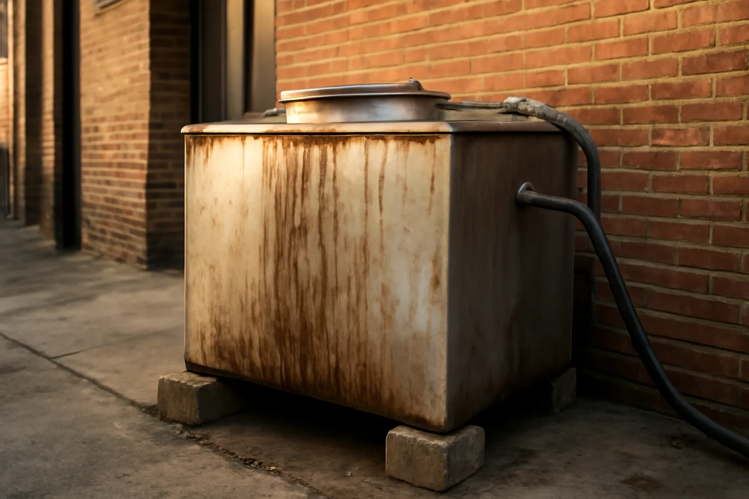 Yellow grease collection tank in a restaurant back alley in late afternoon light