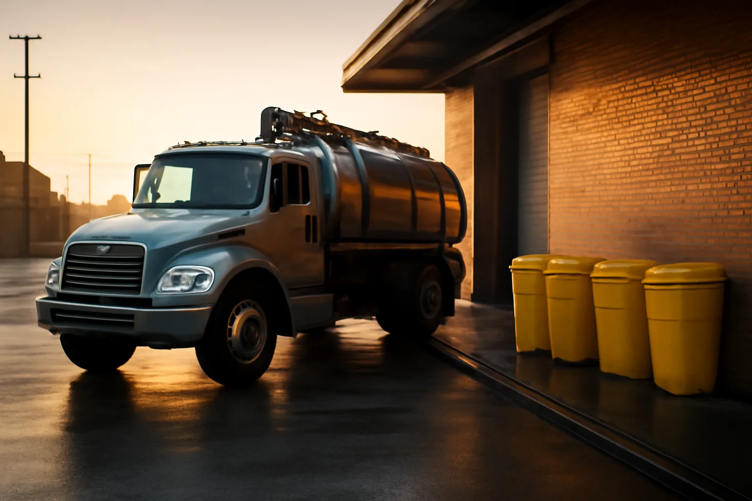 Yellow grease pump truck beside commercial kitchen bins at dawn in Utah
