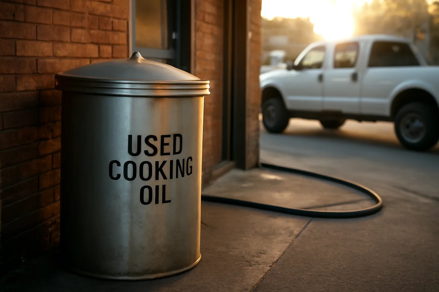 Stainless steel used cooking oil bin behind an Arkansas restaurant at dawn.