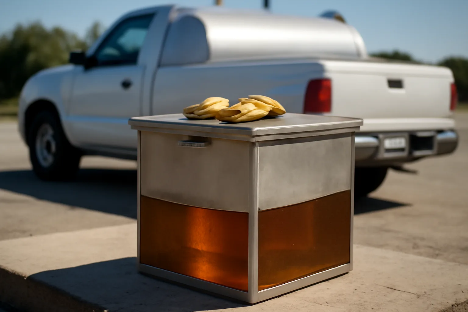 stainless steel tote of amber yellow grease on a concrete pad in California sunlight