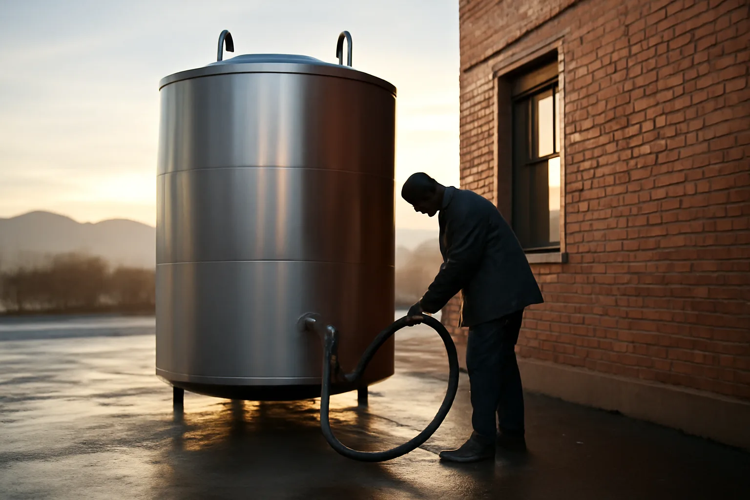 Yellow grease tank behind a Denver restaurant in morning light