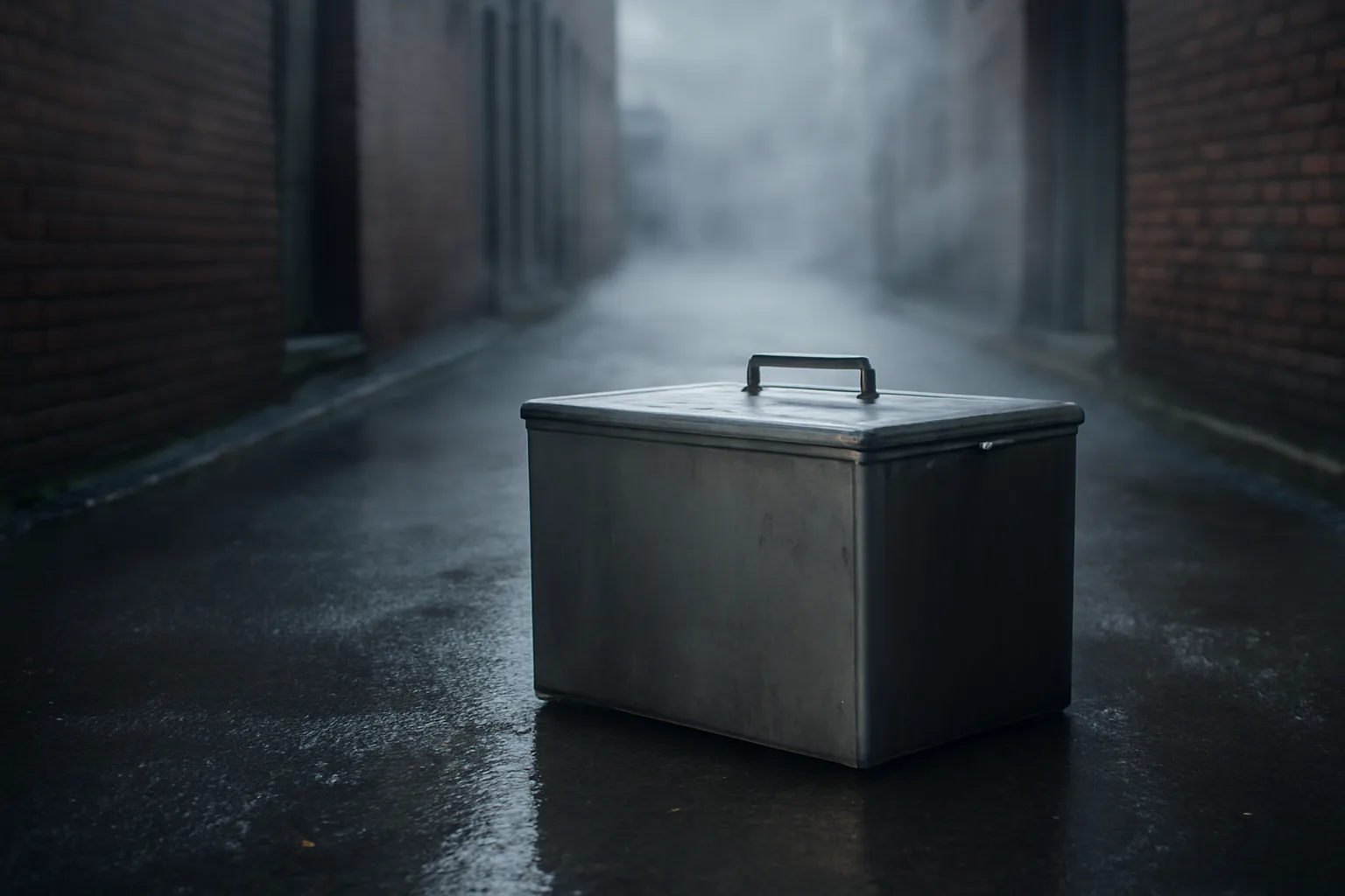 Sealed steel tote of yellow grease in a Boise alley
