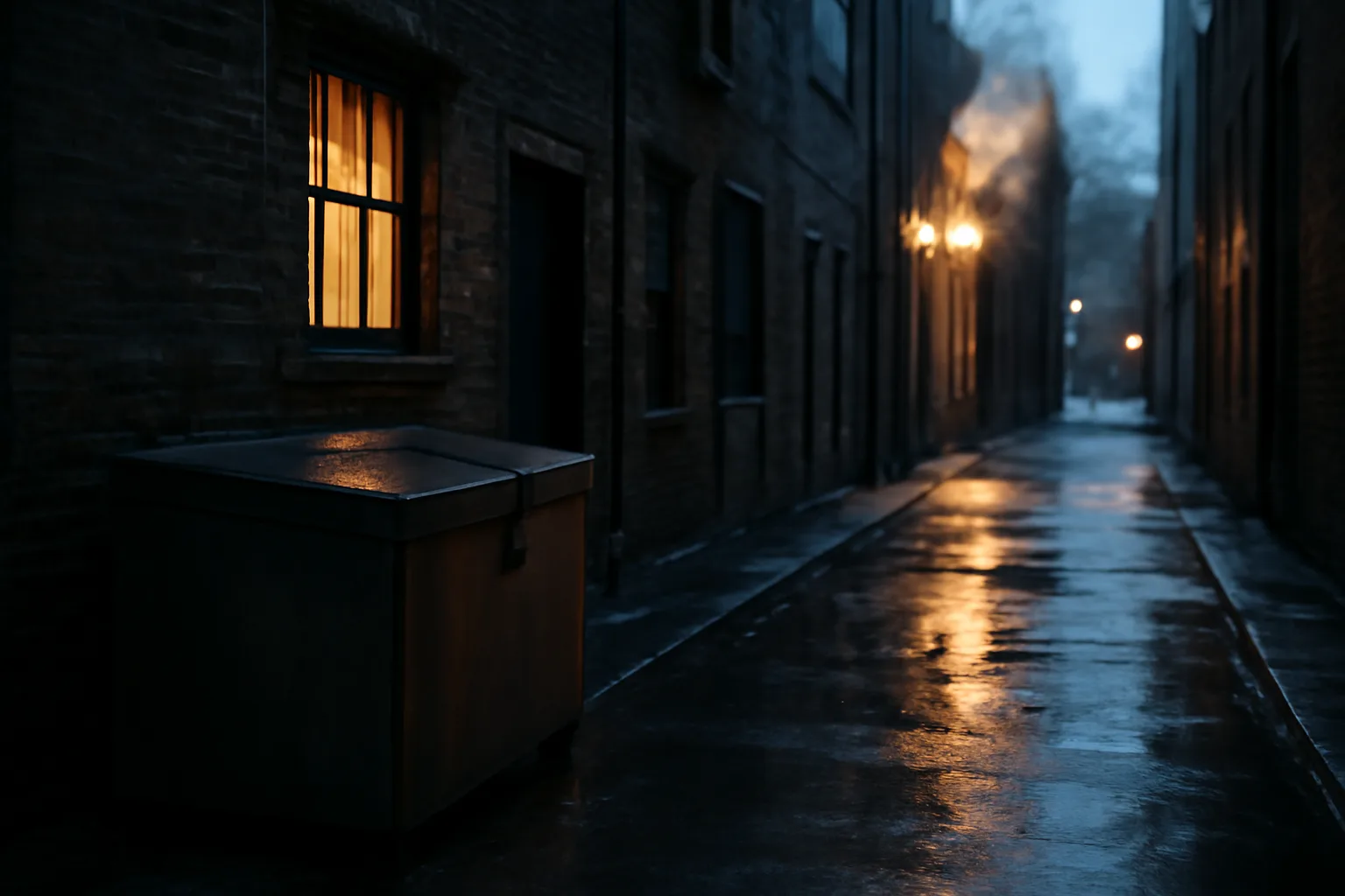Unmarked steel yellow grease bin in a wet Chicago alley