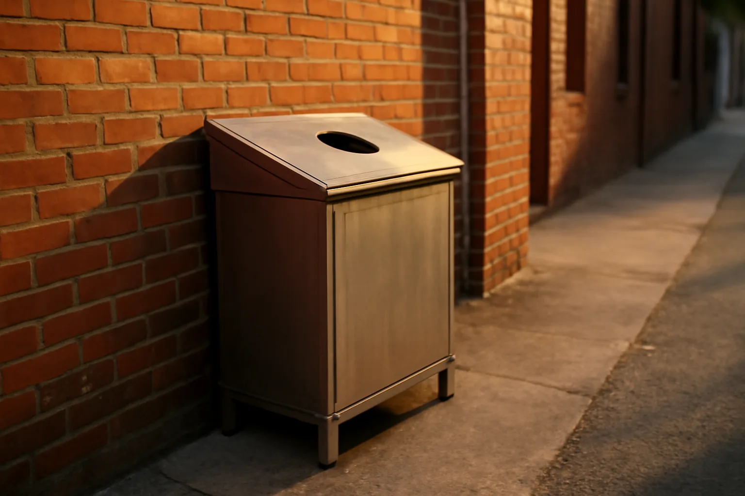 Yellow grease collection bin behind a Tennessee restaurant in afternoon light