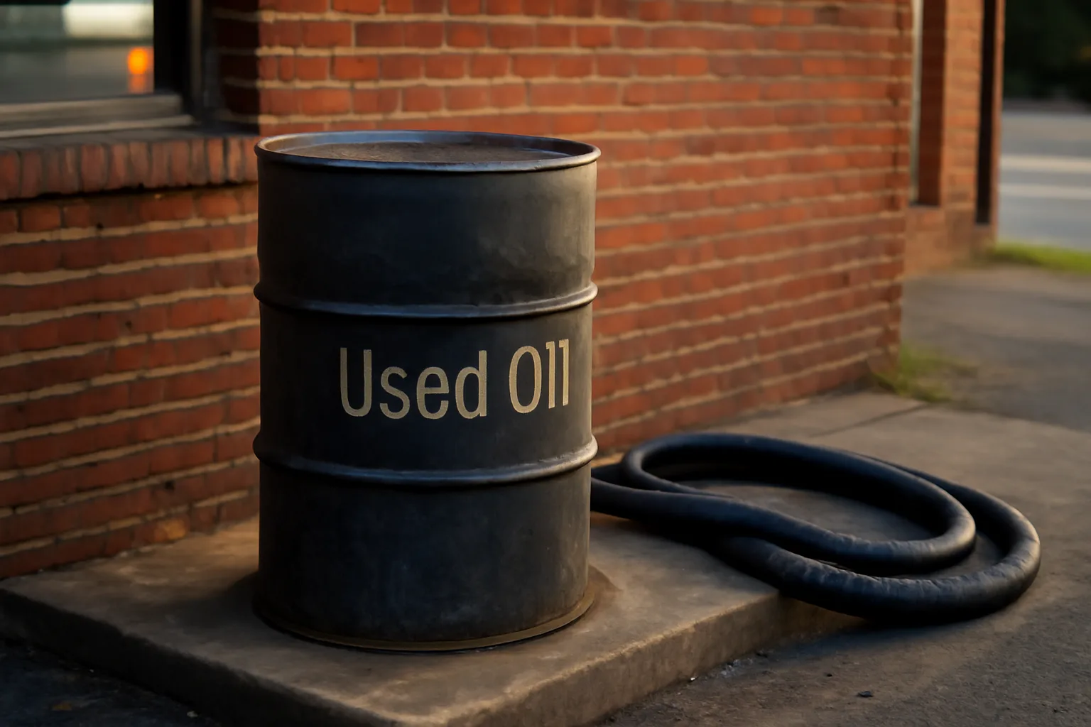 Yellow grease collection barrel on a concrete pad behind a brick Alabama restaurant building