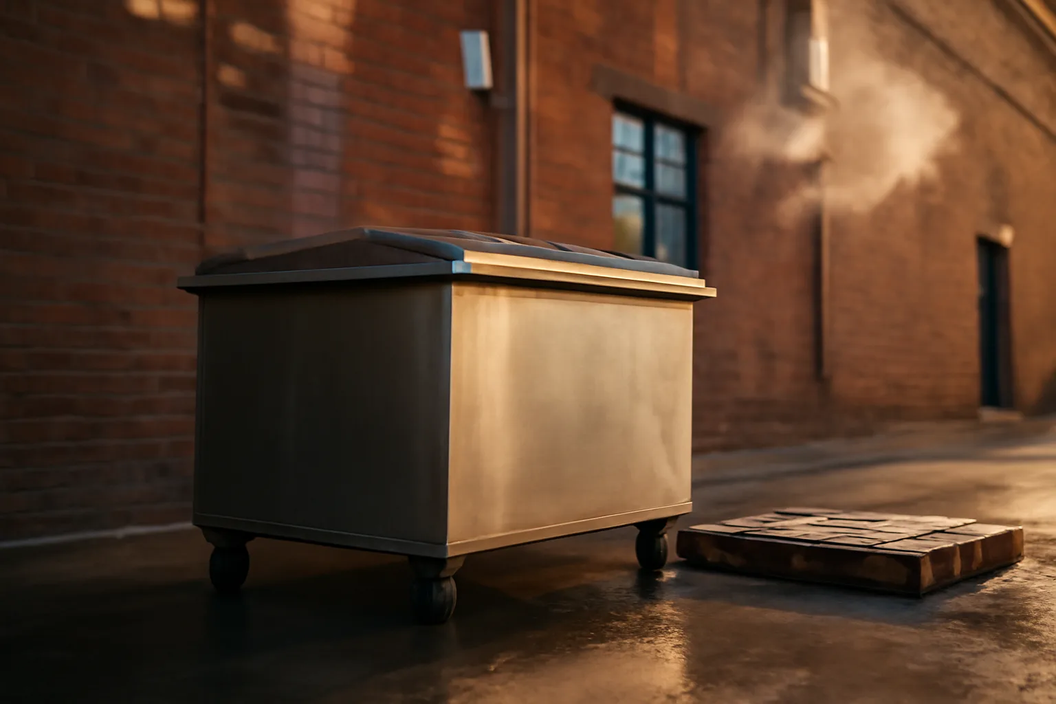Stainless tote behind a Denver restaurant for yellow grease