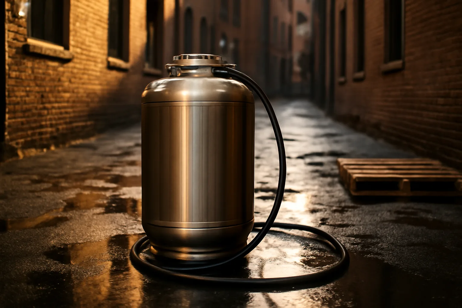 Closed yellow grease tank in a wet Connecticut restaurant alley