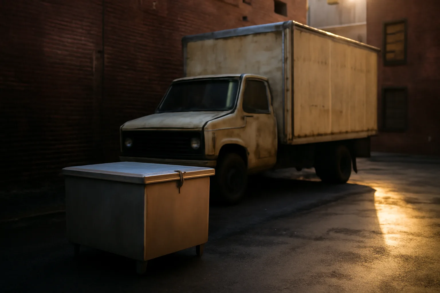 Steel tote of yellow grease in a Wilmington alley at sunrise