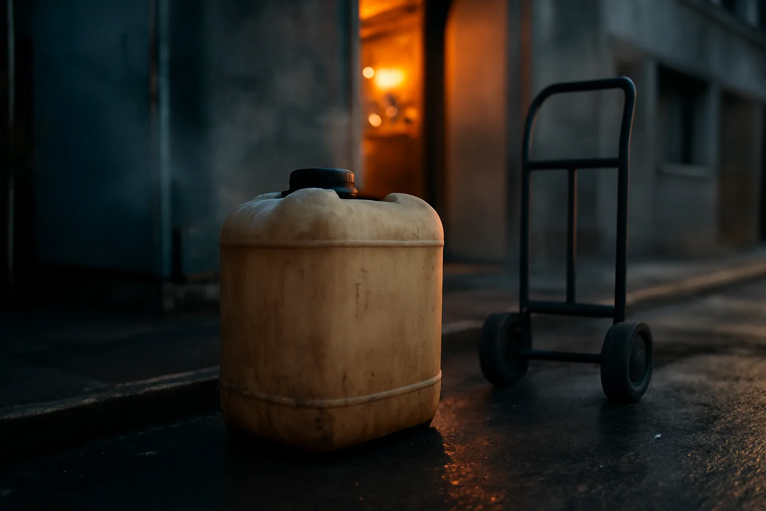 Grease tote behind a Honolulu kitchen dock at dusk