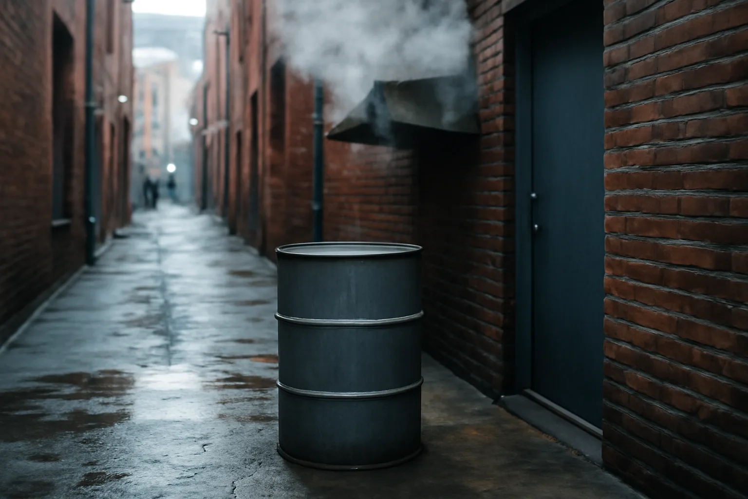 Sealed steel drum for yellow grease behind a Boise restaurant
