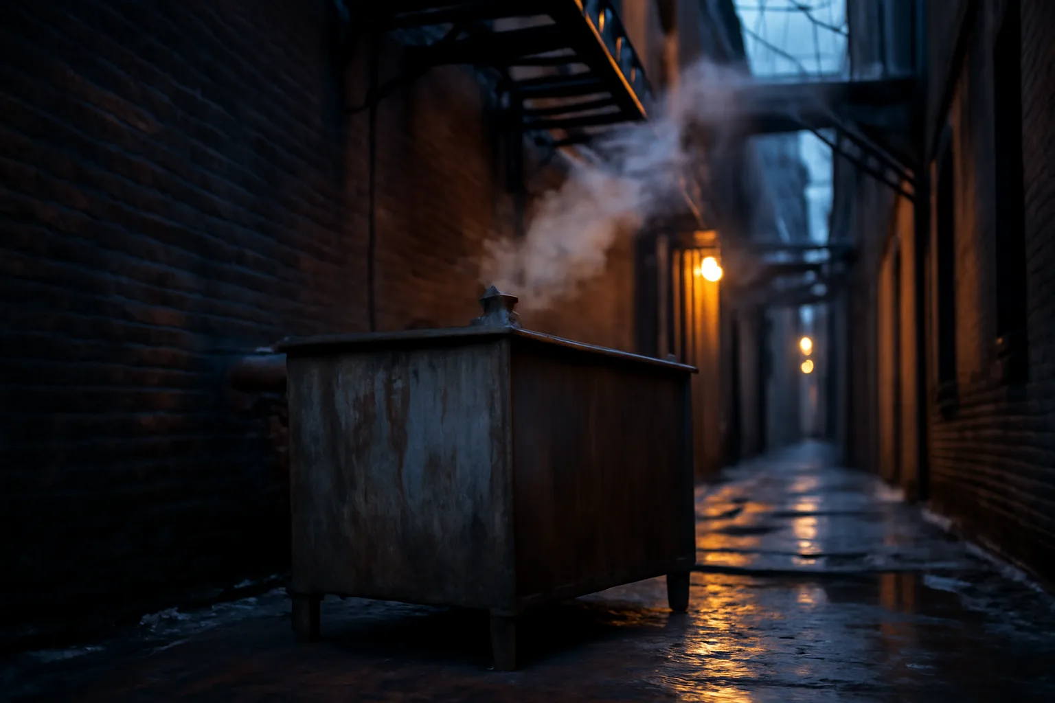 Steel grease tank in a wet Illinois restaurant alley at dusk
