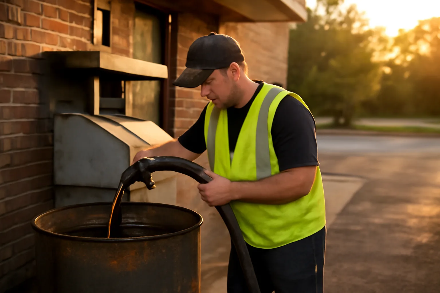 Worker collecting yellow grease behind Alabama restaurant