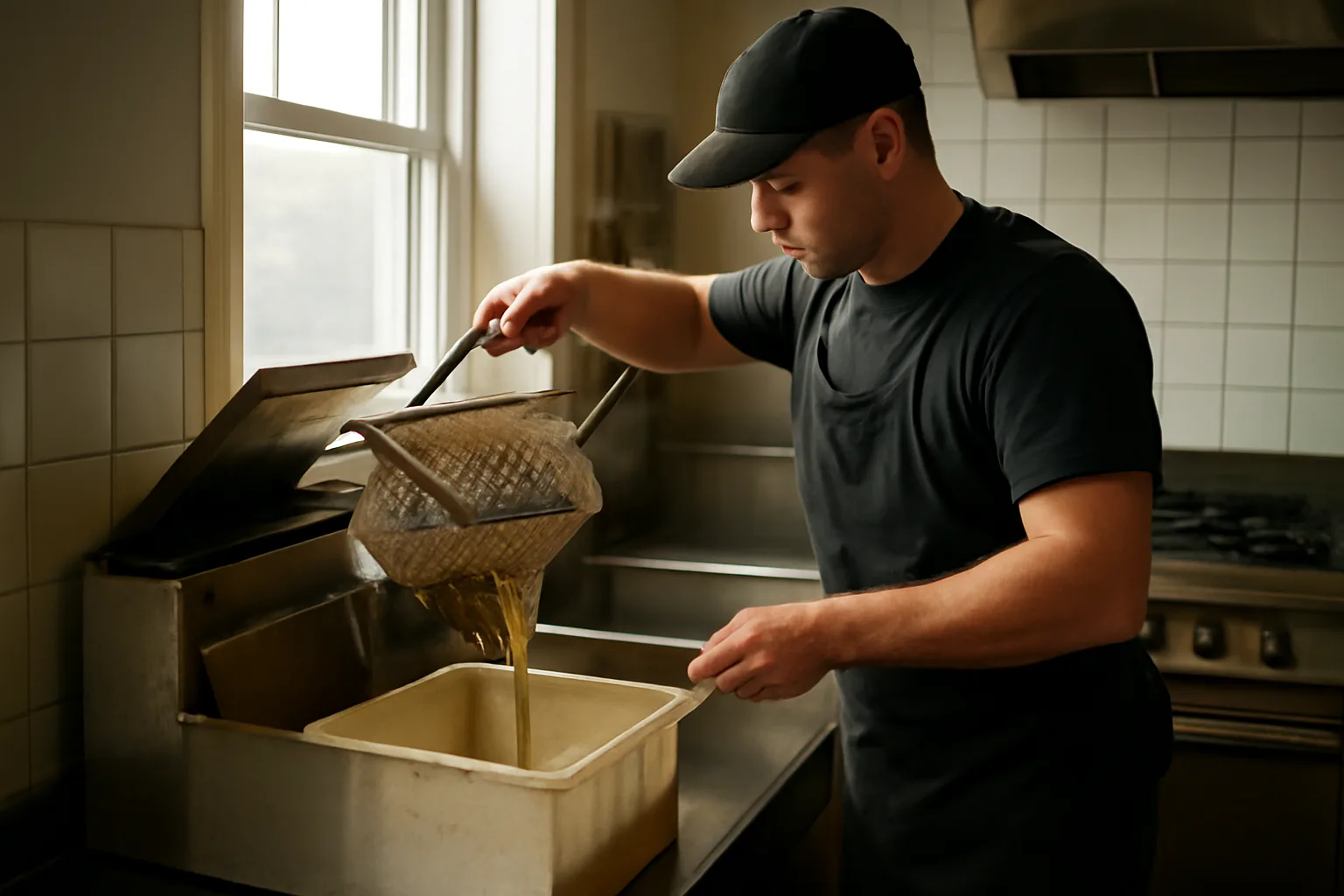 Restaurant worker collecting yellow grease in Anchorage, Alaska