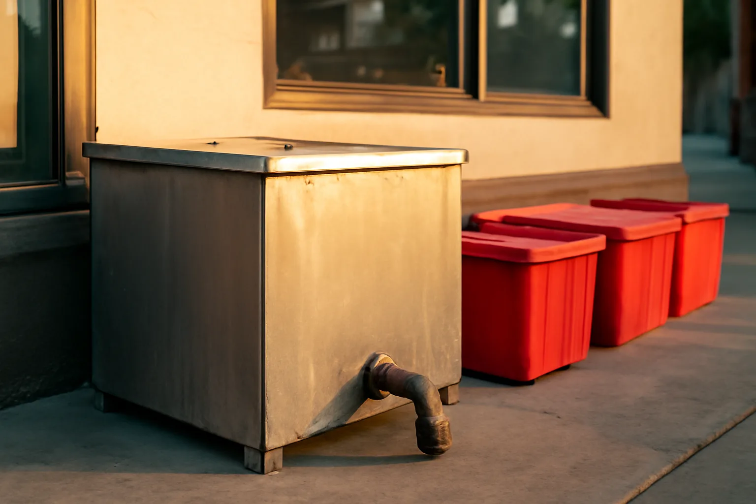 Stainless steel yellow grease collection tank behind a Phoenix restaurant