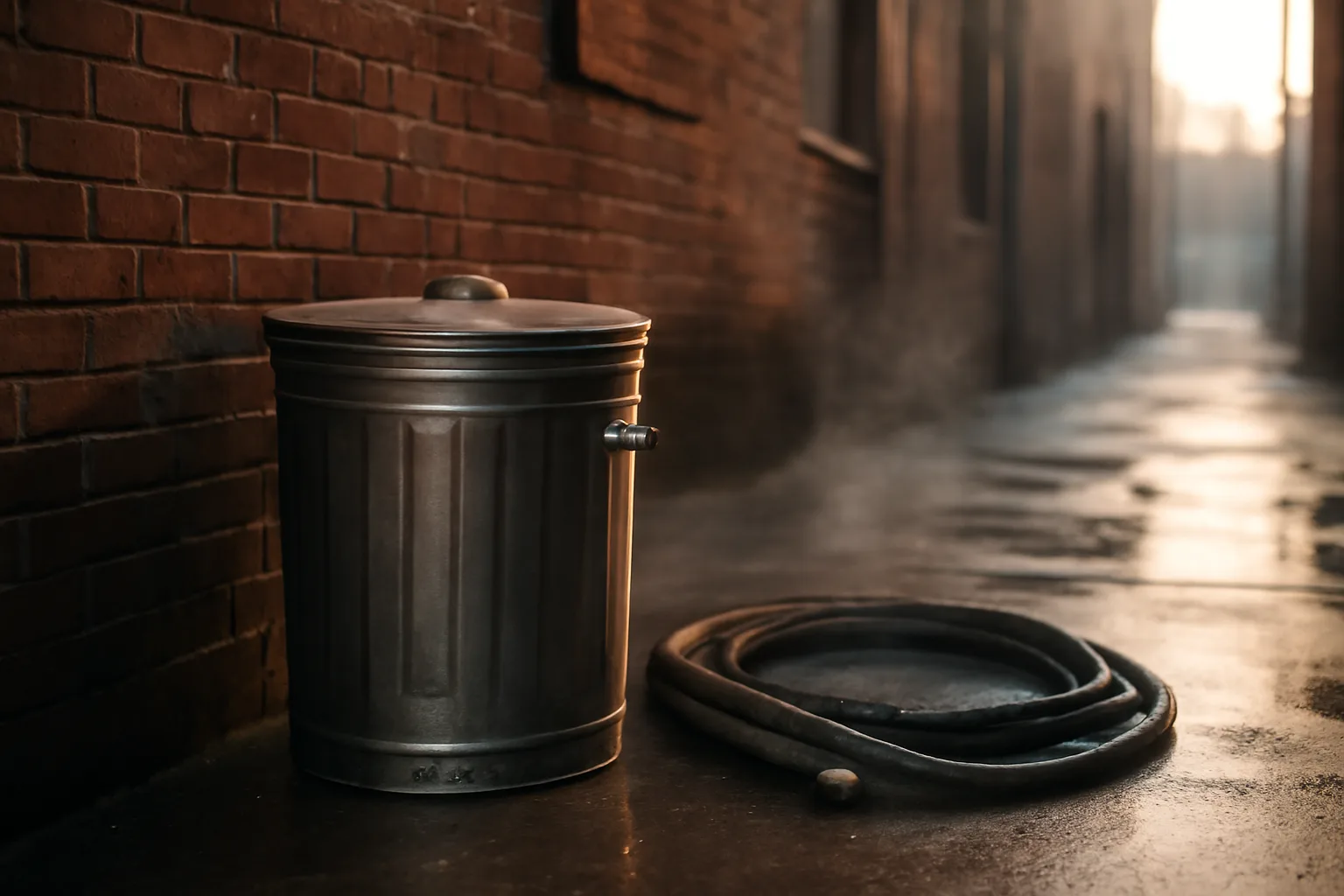 Closed grease tote in a Boise restaurant alley at dawn