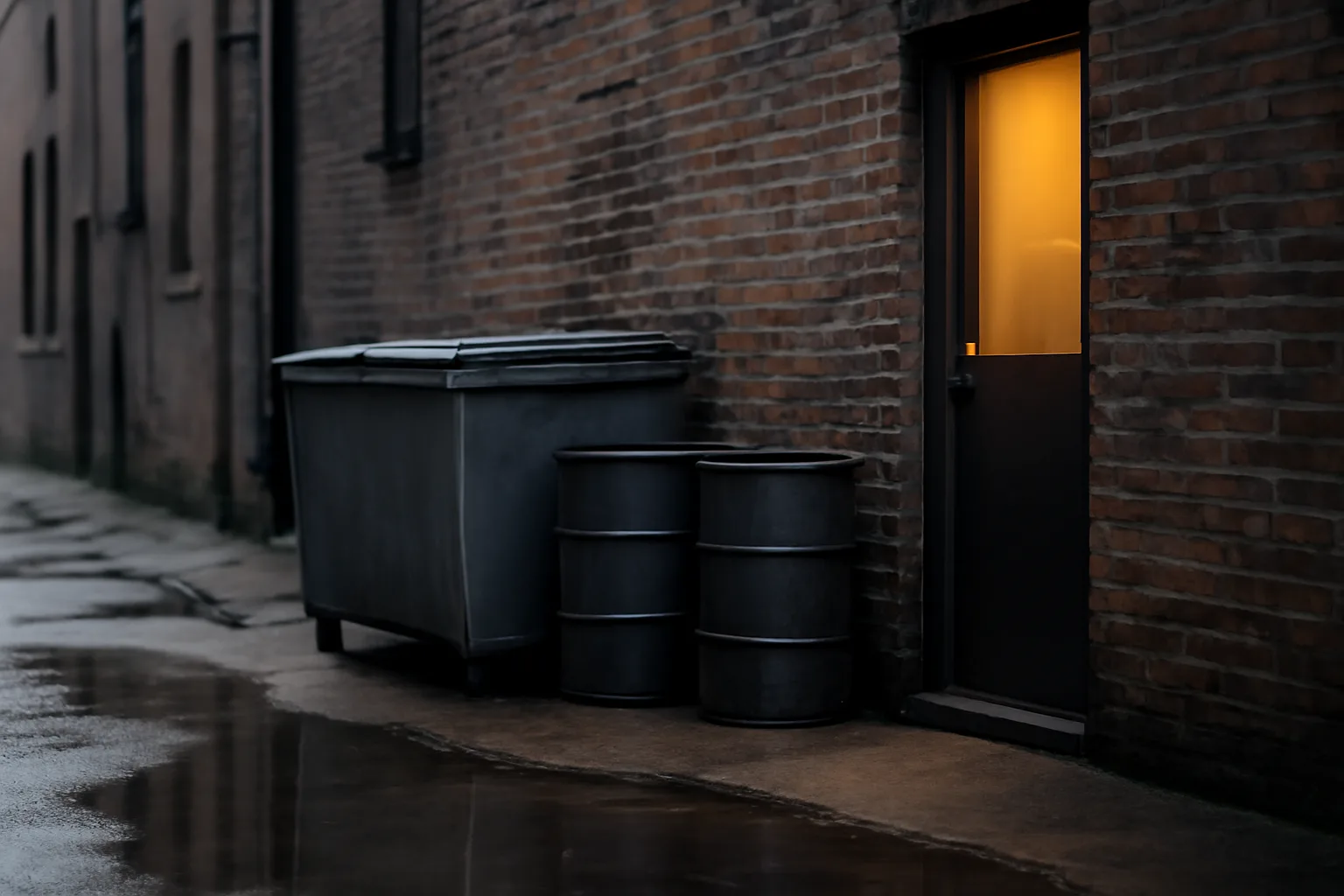 Yellow grease tote in a wet Chicago restaurant alley