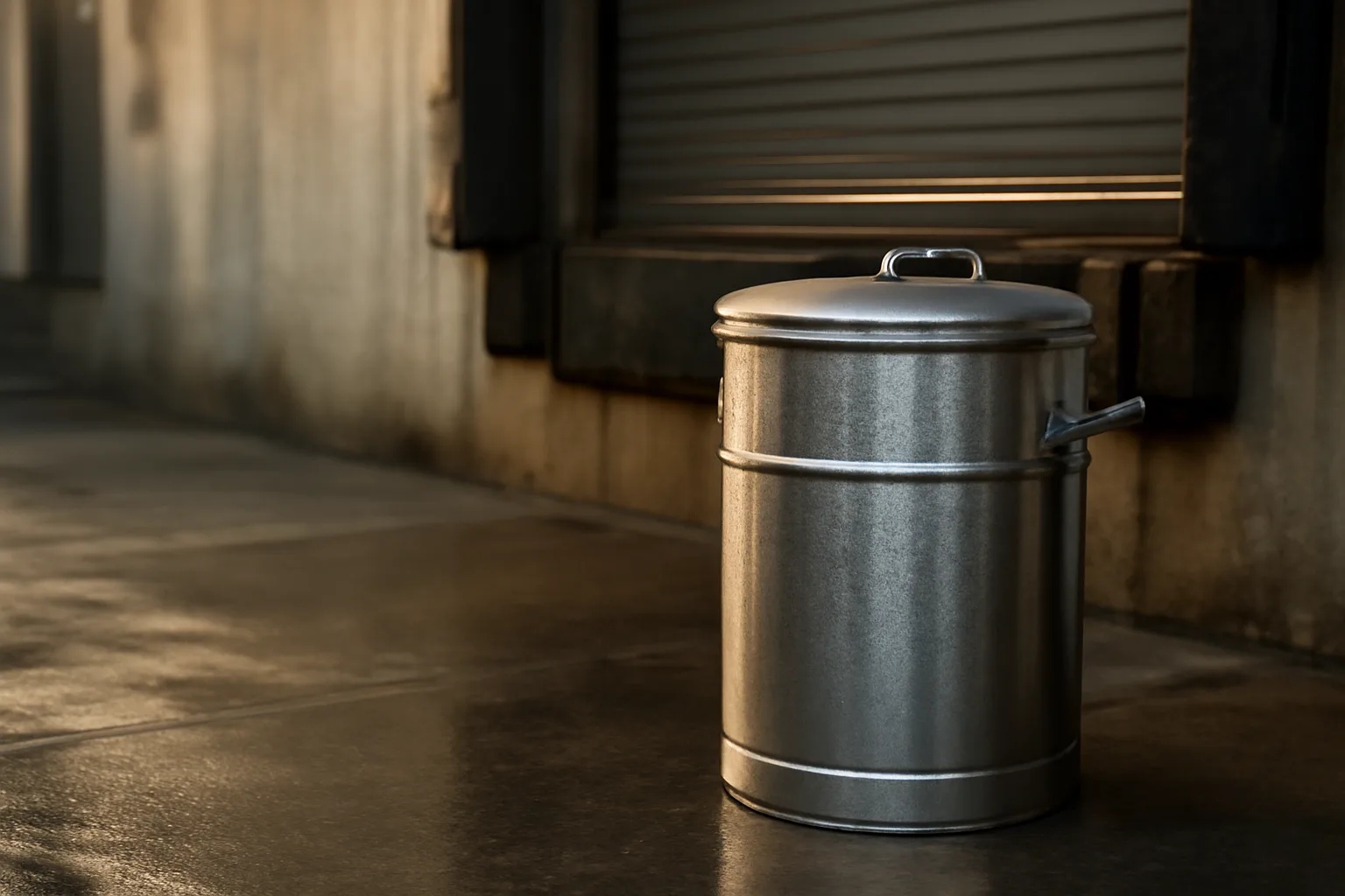 Yellow grease collection drum beside a commercial restaurant loading dock in morning light