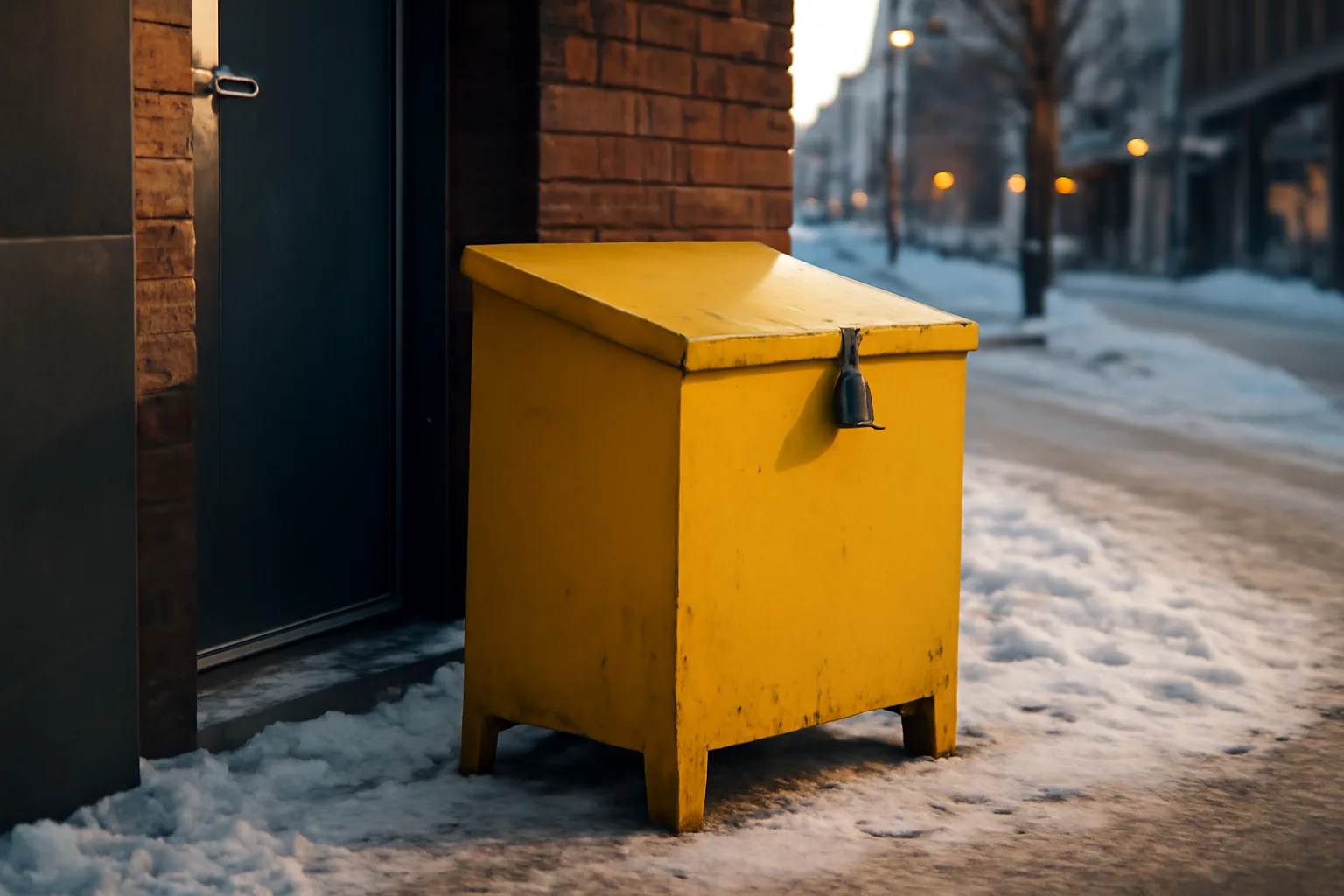 A padlocked yellow grease bin outside an Alaskan restaurant in winter.