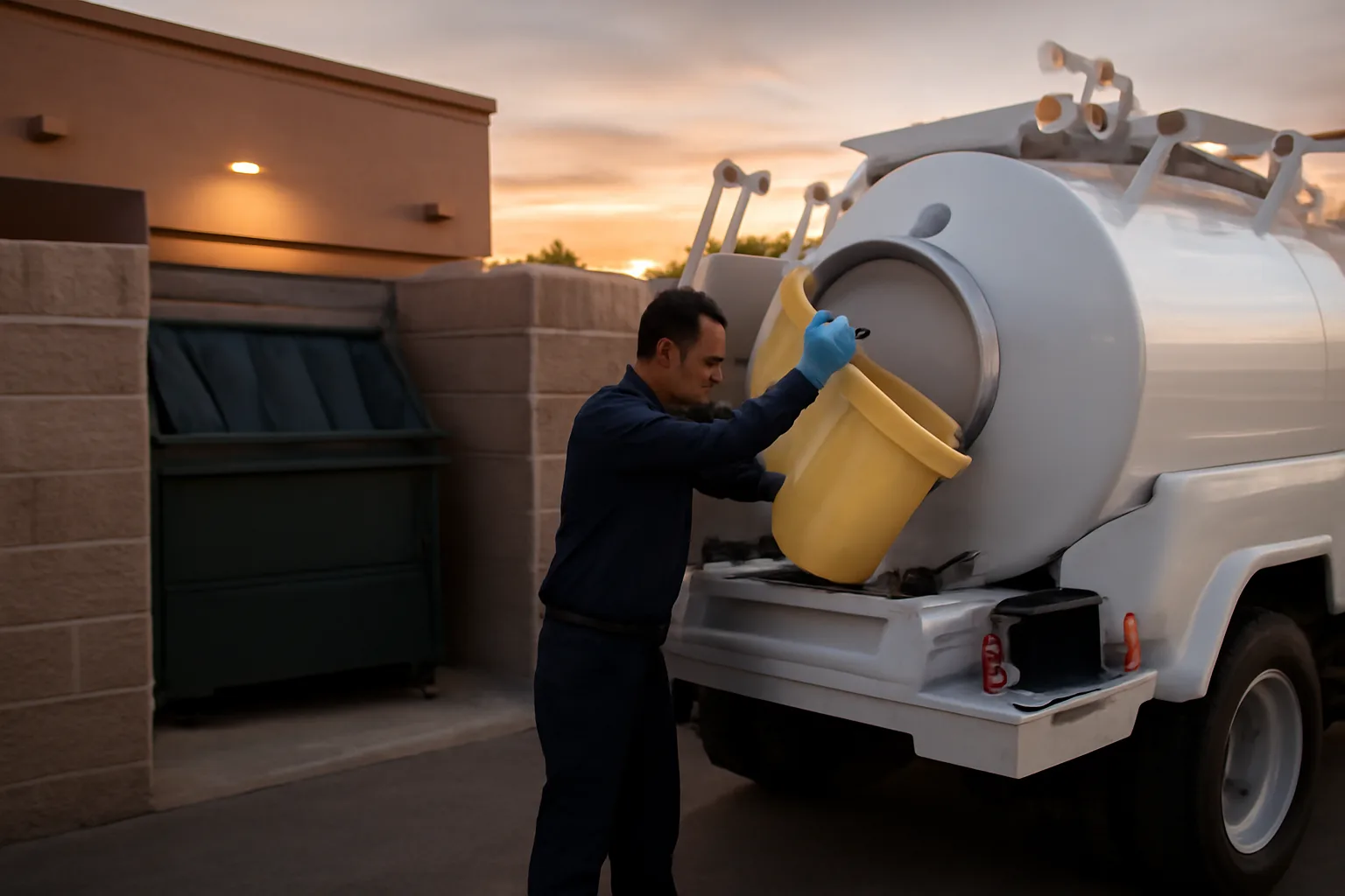 Yellow grease collection truck in Arizona behind a restaurant