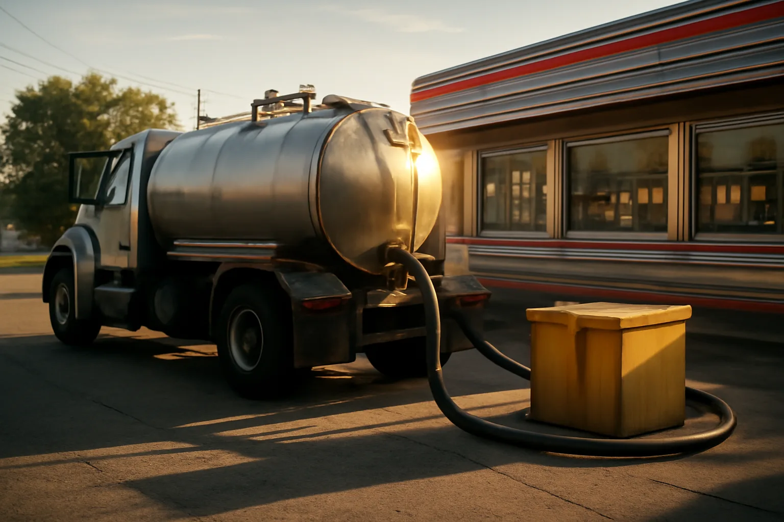 Collection truck behind an Arkansas diner unloading yellow grease from a storage tank.