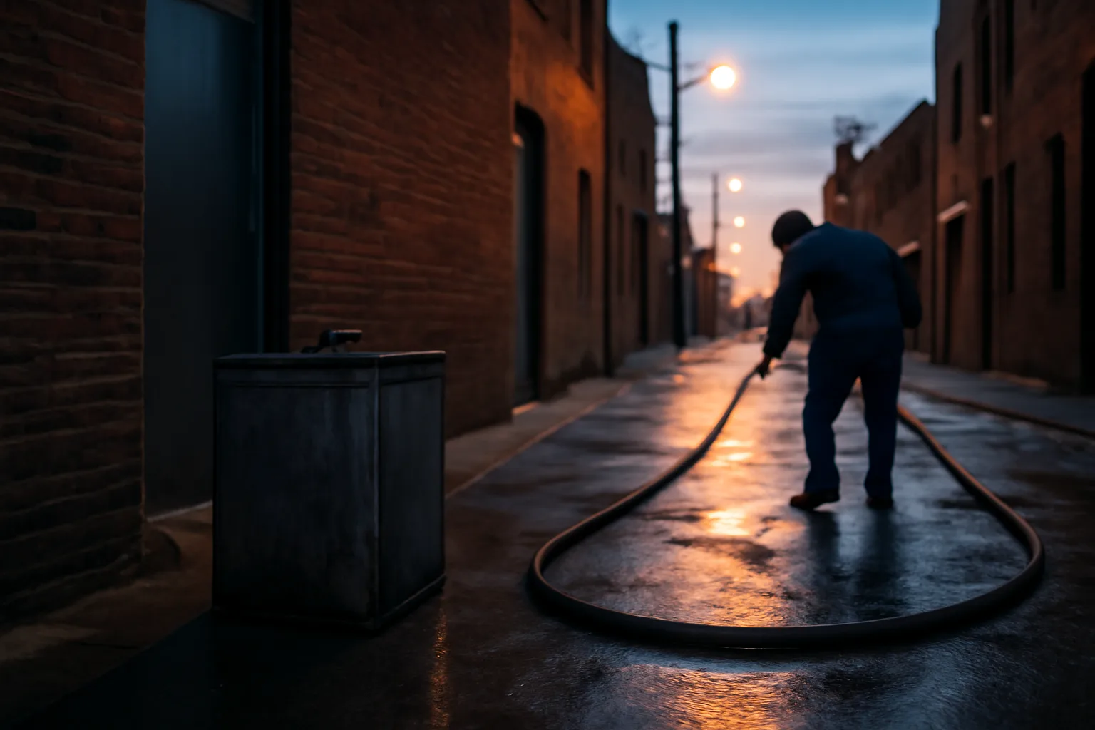 Yellow grease tote in a wet Denver restaurant alley at dawn