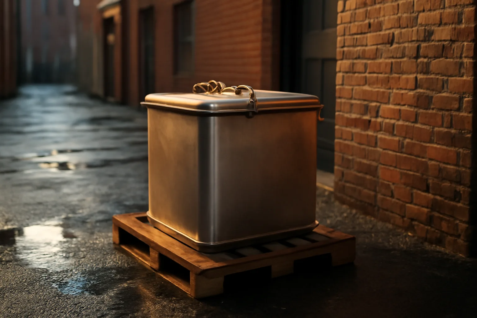 Stainless yellow grease tote behind a Connecticut restaurant at dawn