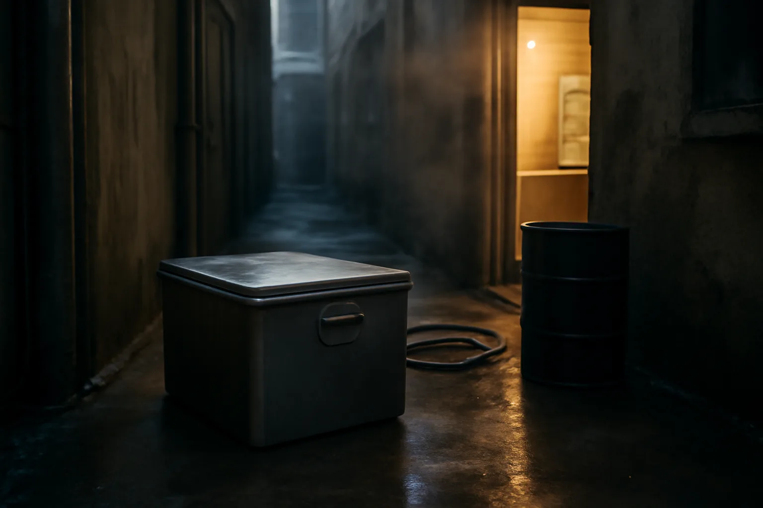 Yellow grease tote in a Honolulu restaurant alley at sunrise
