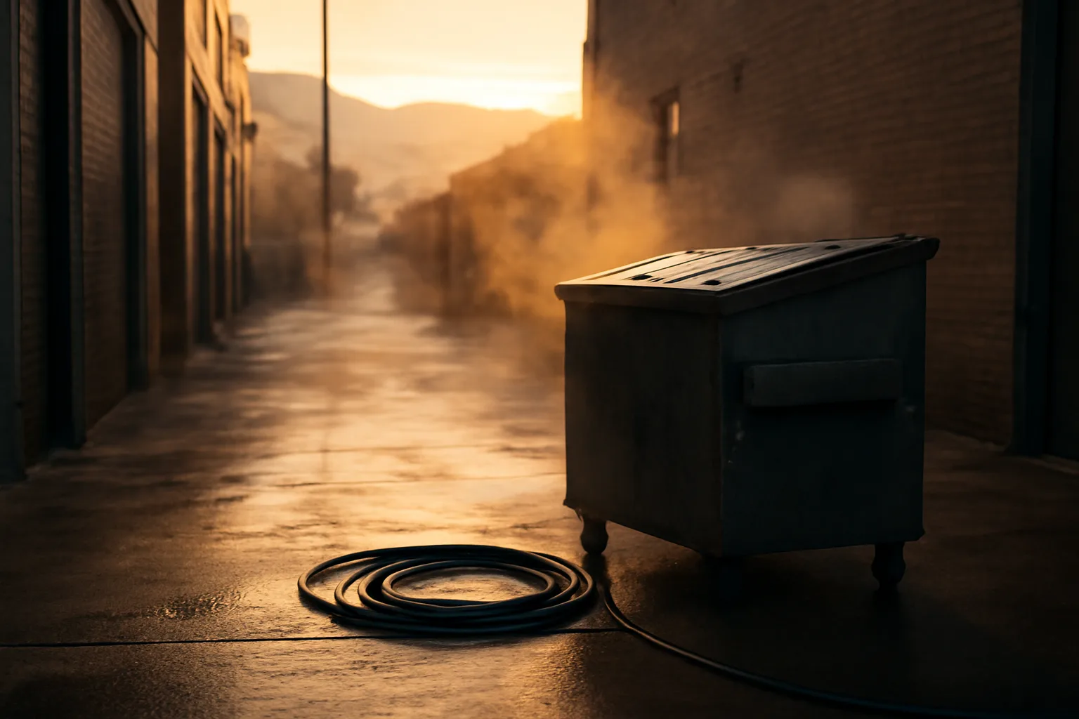 Closed steel tote for yellow grease in a Boise alley