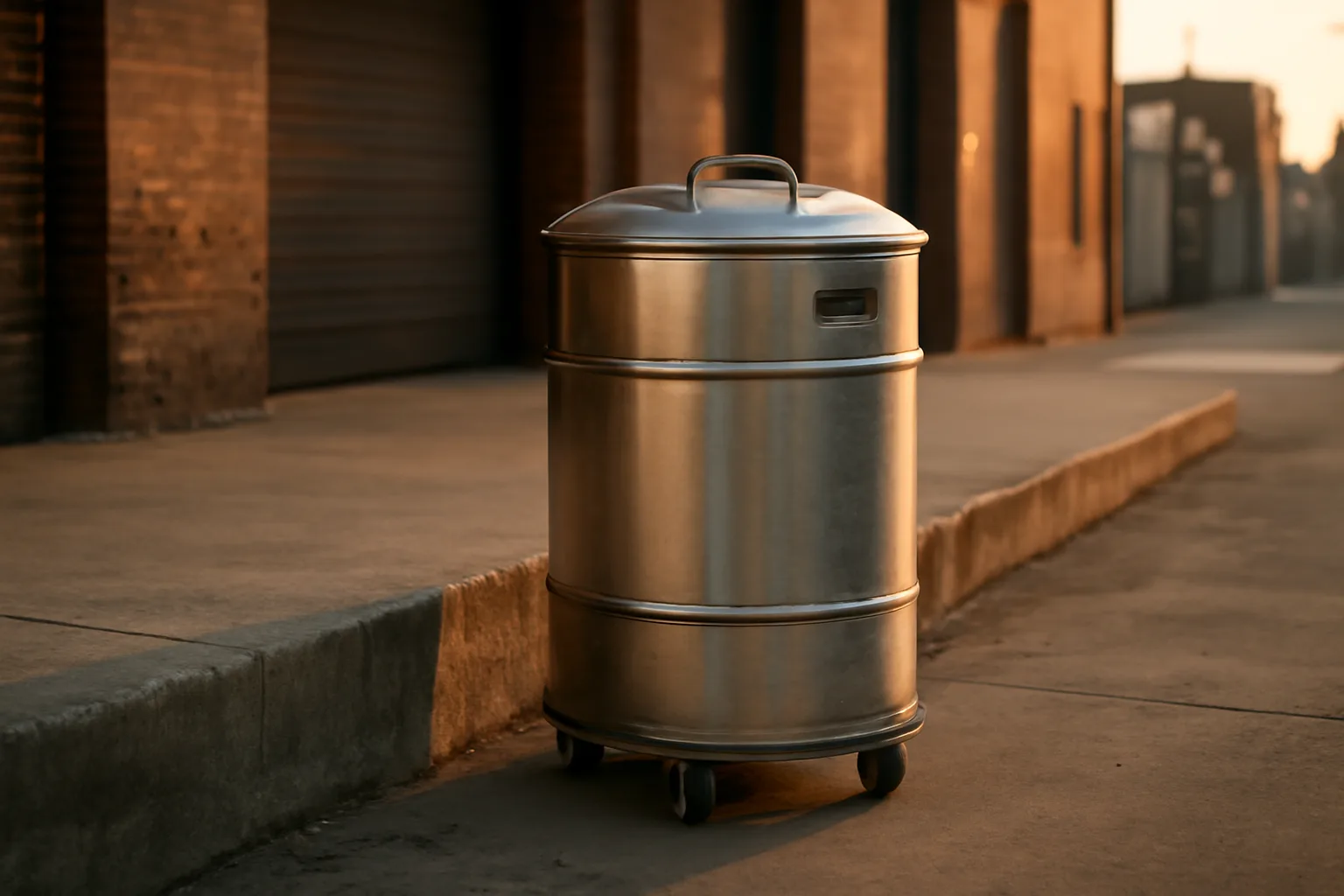 Yellow grease collection barrel on a South Dakota restaurant loading dock at dusk