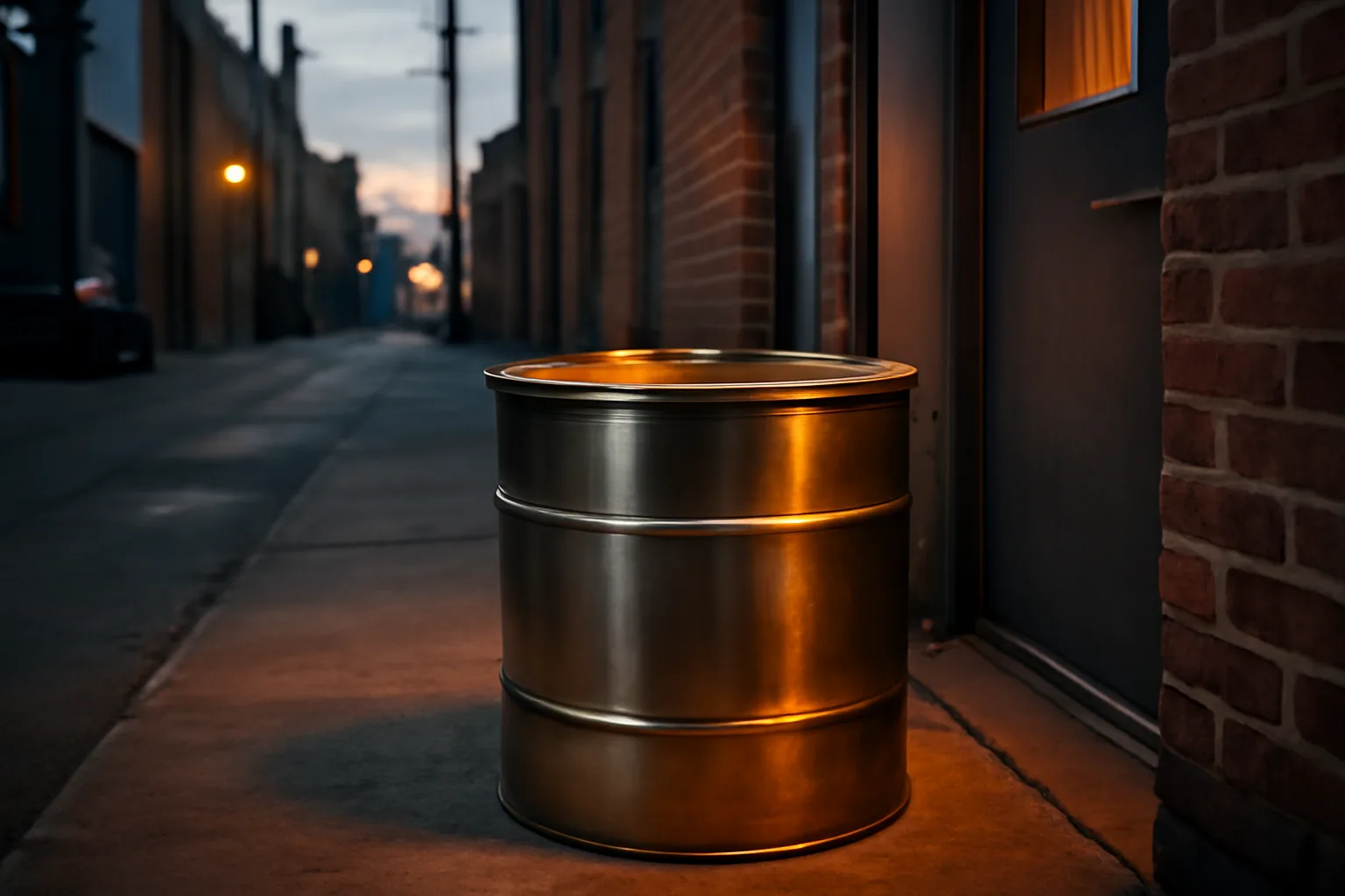 Yellow grease collection drum outside a Tennessee commercial kitchen at dusk