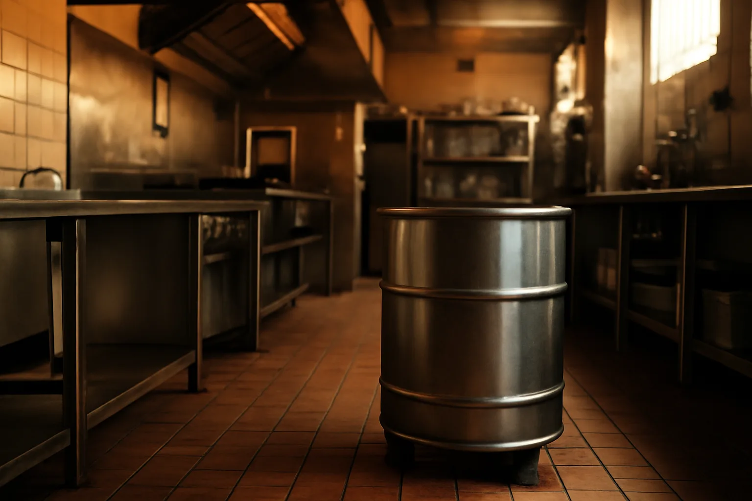 Stainless steel yellow grease collection drum inside a Texas commercial kitchen